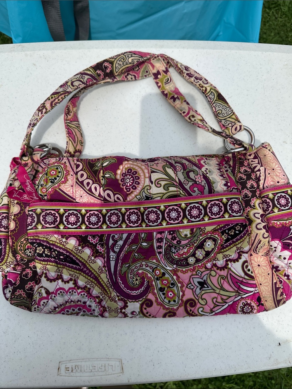 Vera Bradley Pink Paisley Quilted Shoulder Bag with Green Accents